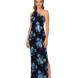 Adrianna Papell Women's Floral Sequin One-Shoulder Dress Black/Blue  Multi